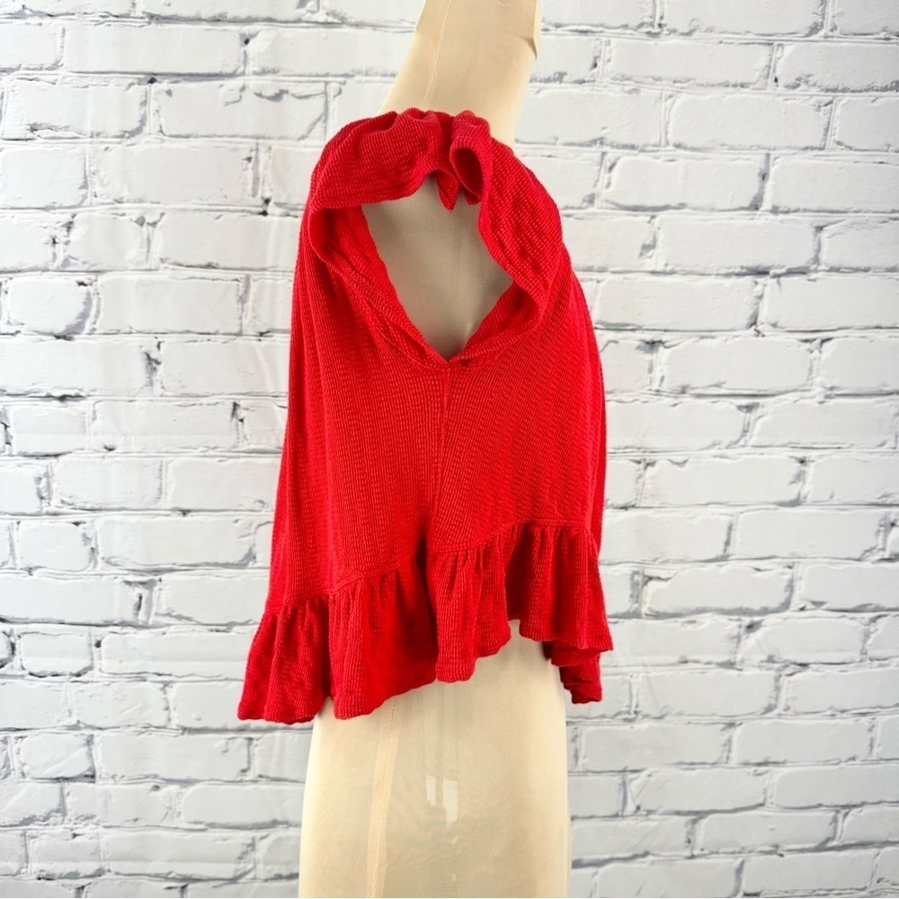 Free People Mint Julep Crop Top Cherry Red Ruffle Button Front XS Summer Beach - Picture 3 of 9